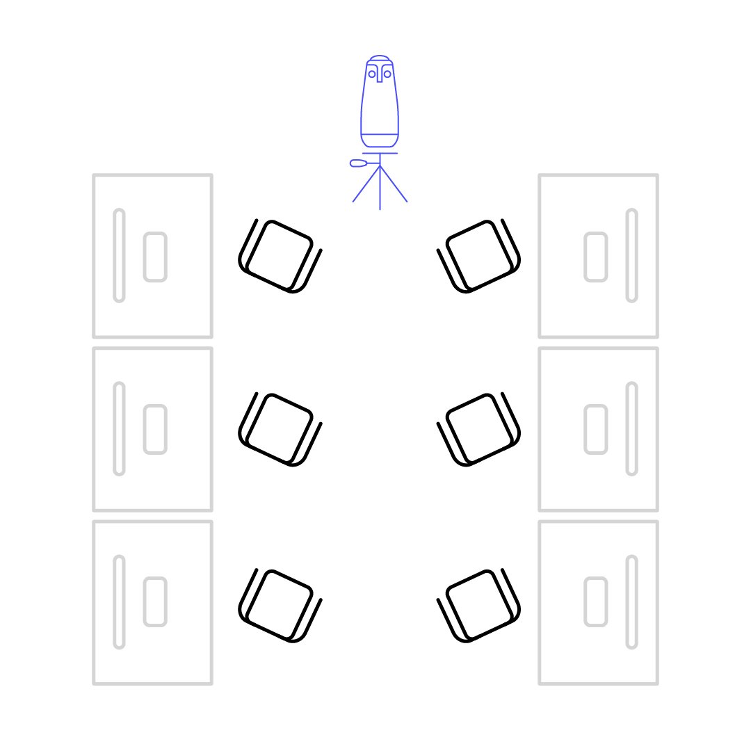 Diagram of a open concept huddle room with a meeting owl at the front