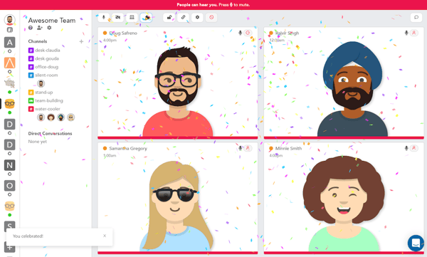 virtual offices - Praglis celebrate button rains confetti on the entire meeting.