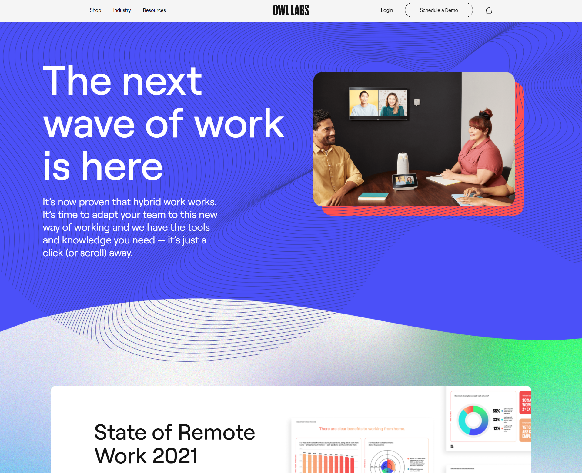 "The next wave of work is here" with a team collaborating in a hybrid meeting and "State of Remote Work 2021" with graphs